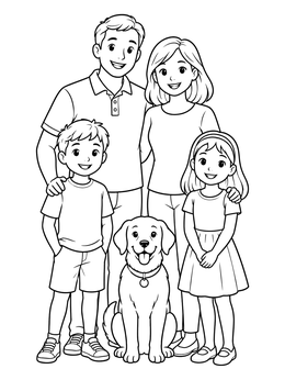 A smiling family with their pet dog in a charming human coloring page.