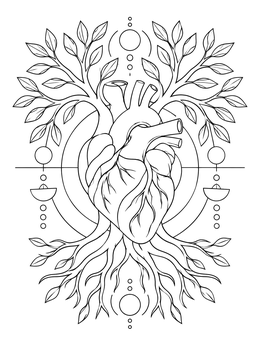 Detailed human heart coloring page sprouting tree branches and roots amidst geometric patterns.