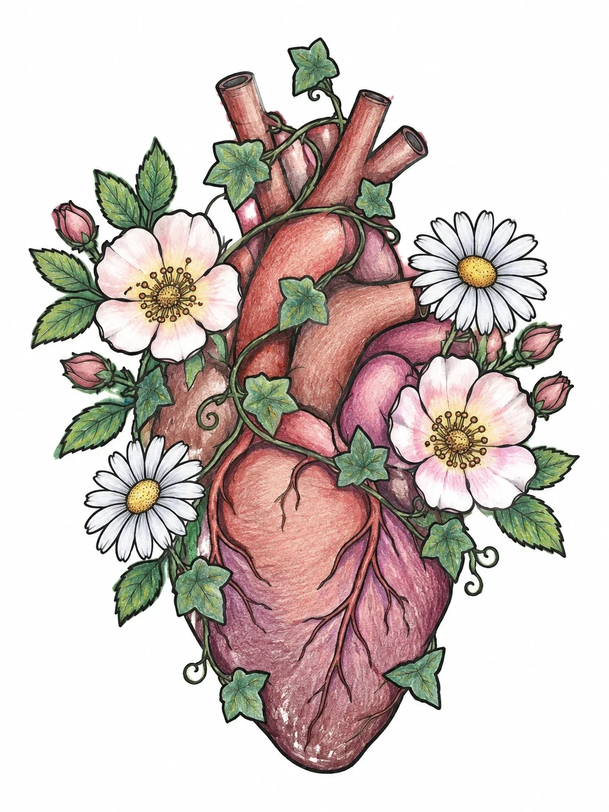 Colored example of the Blooming Anatomical Heart With Wildflowers coloring page