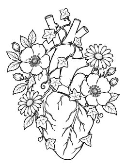 An anatomical human heart coloring page intertwined with blooming wild roses, daisies, and ivy leaves.