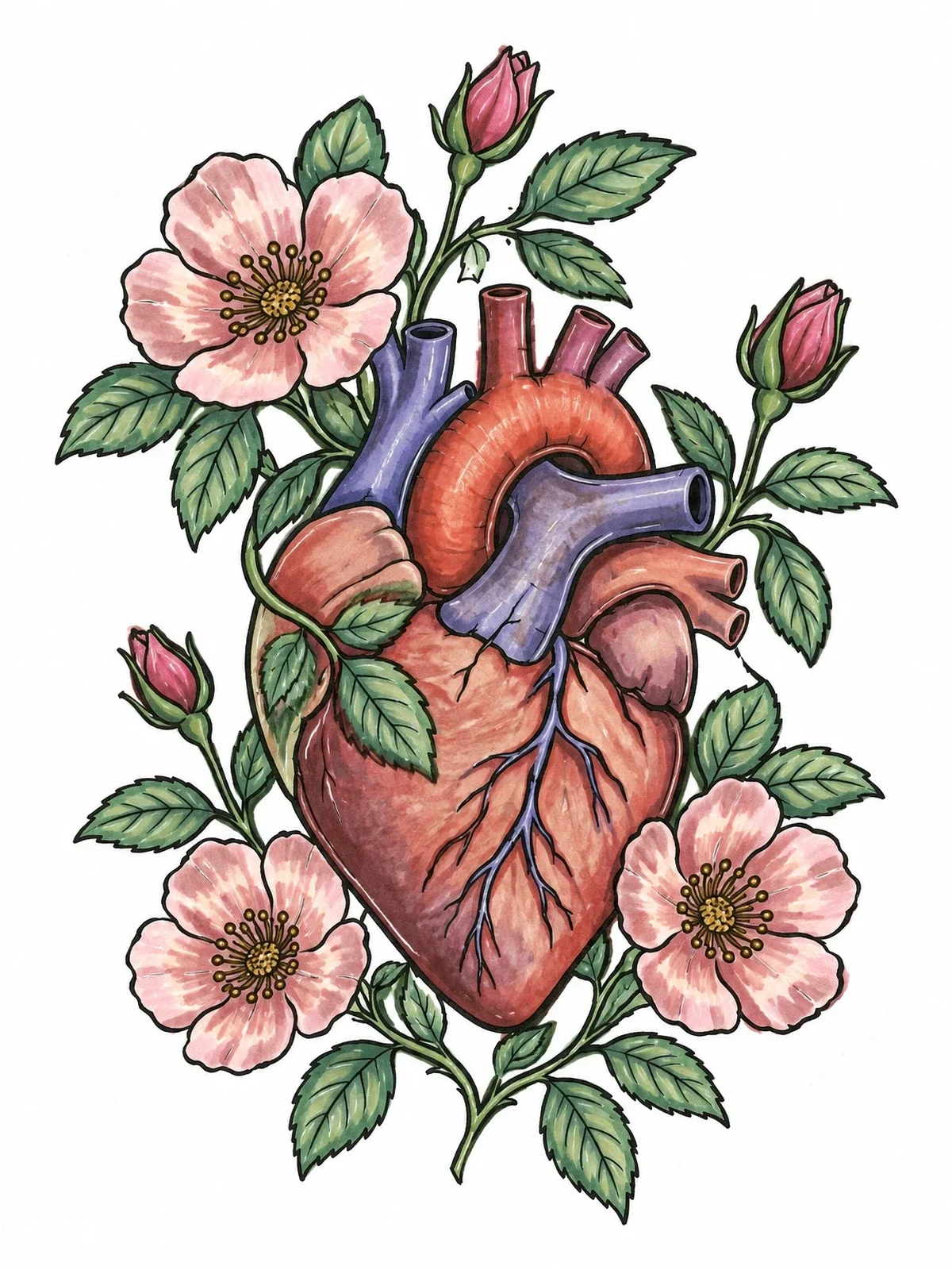 Colored example of the Botanical Anatomical Heart With Wild Roses coloring page