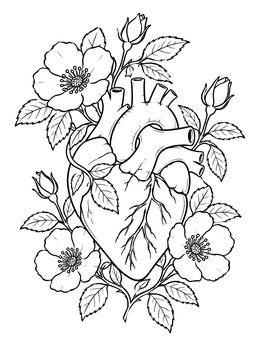 A detailed human heart coloring page intertwined with blooming wild roses and lush vines.