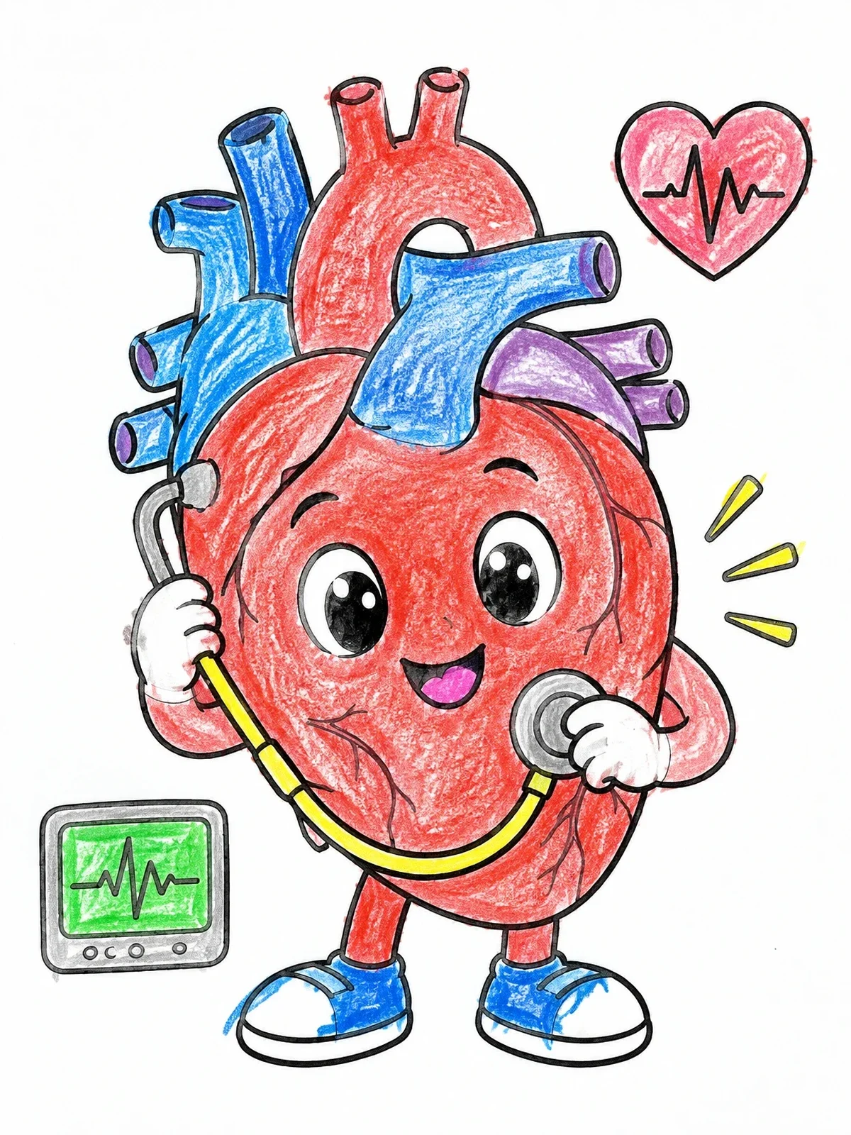 Colored example of the Cute Cartoon Heart With Stethoscope coloring page
