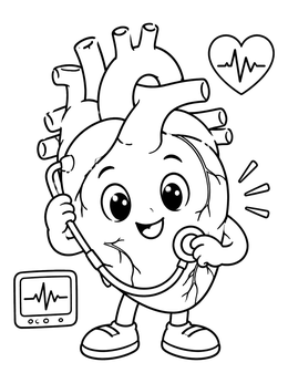 A cheerful cartoon human heart coloring page holding a stethoscope with a heartbeat monitor.