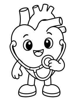 A cheerful cartoon character on this human heart coloring page holds a stethoscope to its chest.