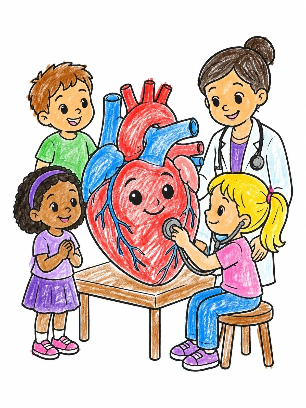 Colored example of the Doctor And Children With Friendly Heart coloring page