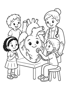 Children and a doctor examining a cute character on this human heart coloring page.