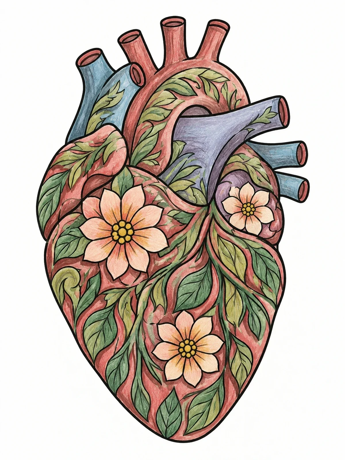 Colored example of the Floral Anatomical Human Heart coloring page