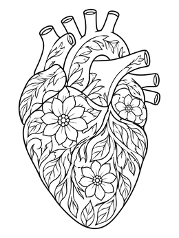 An intricate floral human heart coloring page adorned with leaves and blooming blossoms.