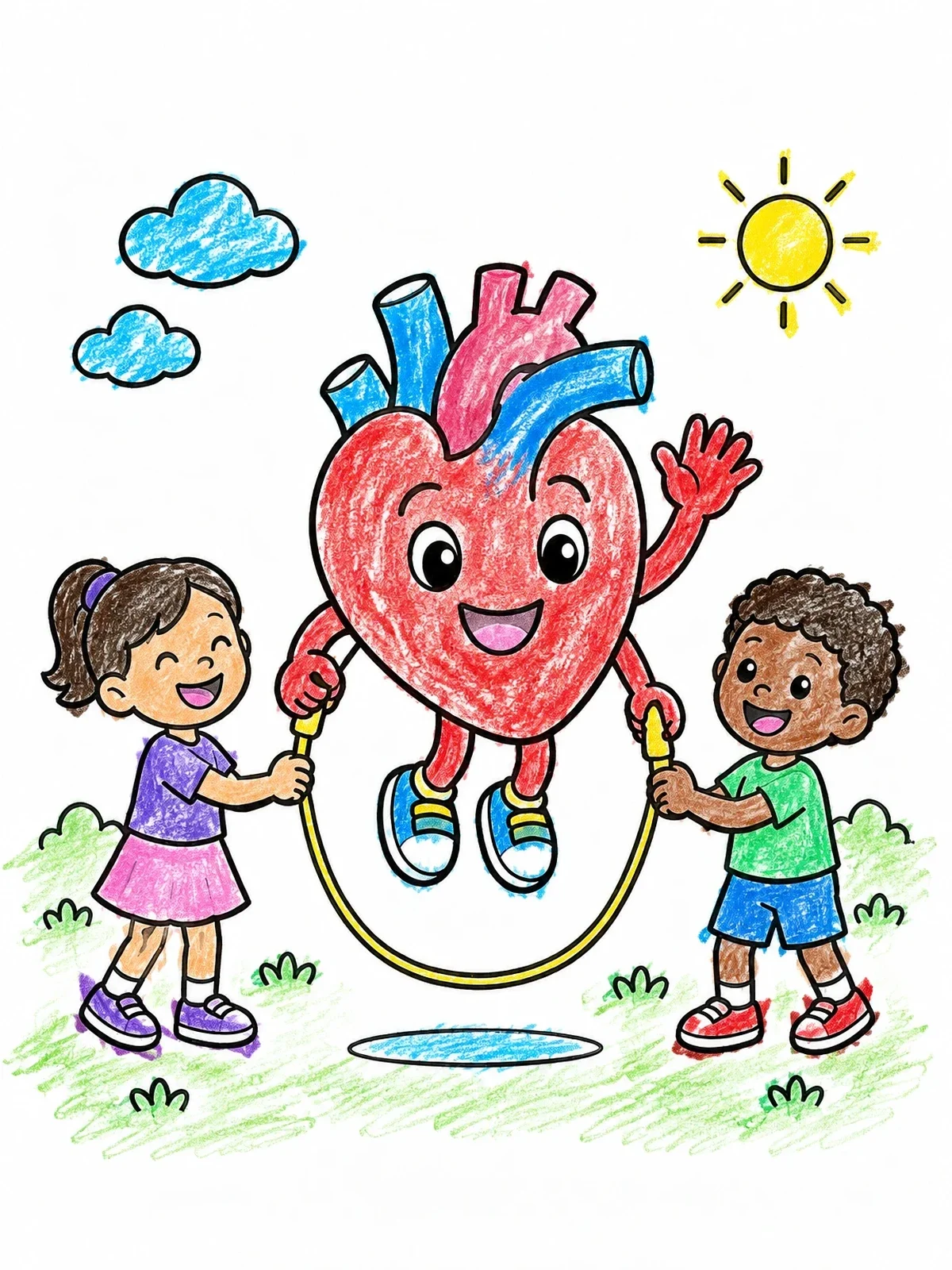 Colored example of the Happy Cartoon Heart Jumping Rope coloring page