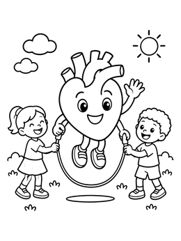 A cheerful human heart coloring page showing kids turning a jump rope outside.