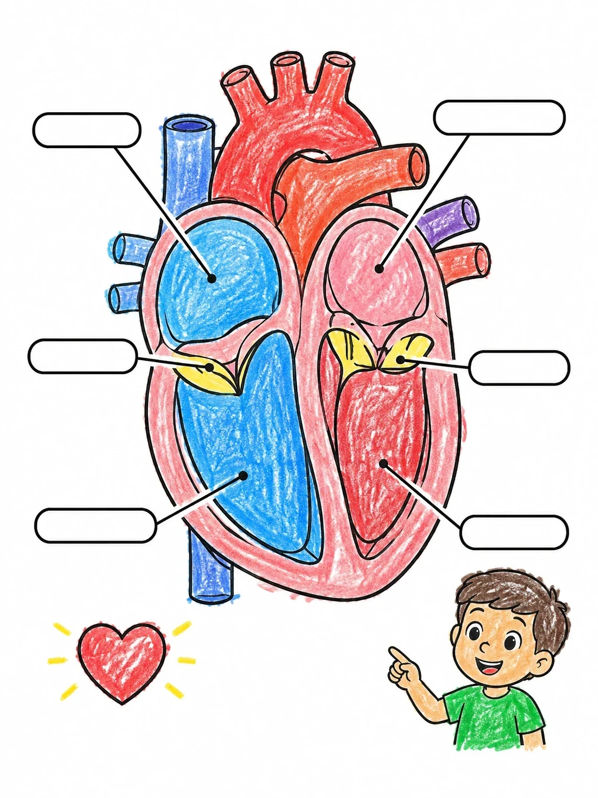 Colored example of the Heart Anatomy Diagram With Friendly Boy coloring page