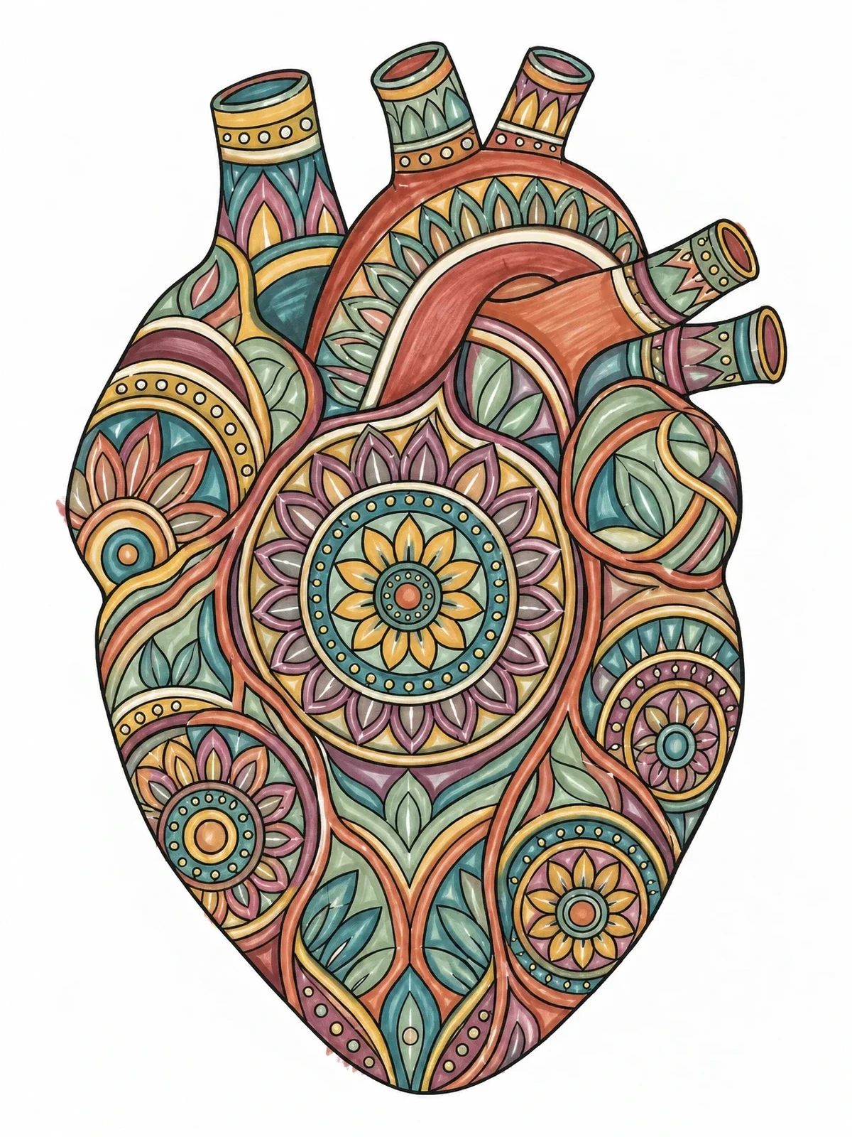 Colored example of the Intricate Mandala Anatomical Heart coloring page