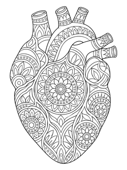 An intricate human heart coloring page filled with circular mandala patterns and botanical motifs.