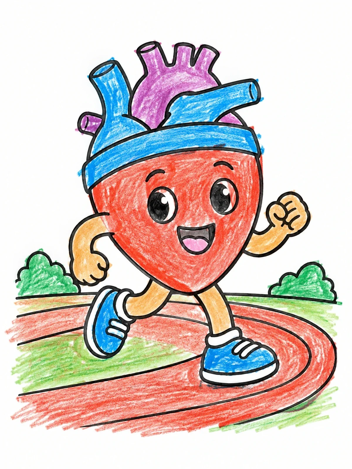 Colored example of the Jogging Cartoon Anatomical Heart coloring page