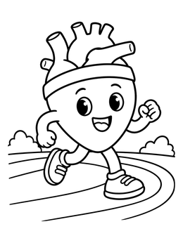 A cheerful cartoon human heart coloring page showing an anatomical heart jogging along a running track.