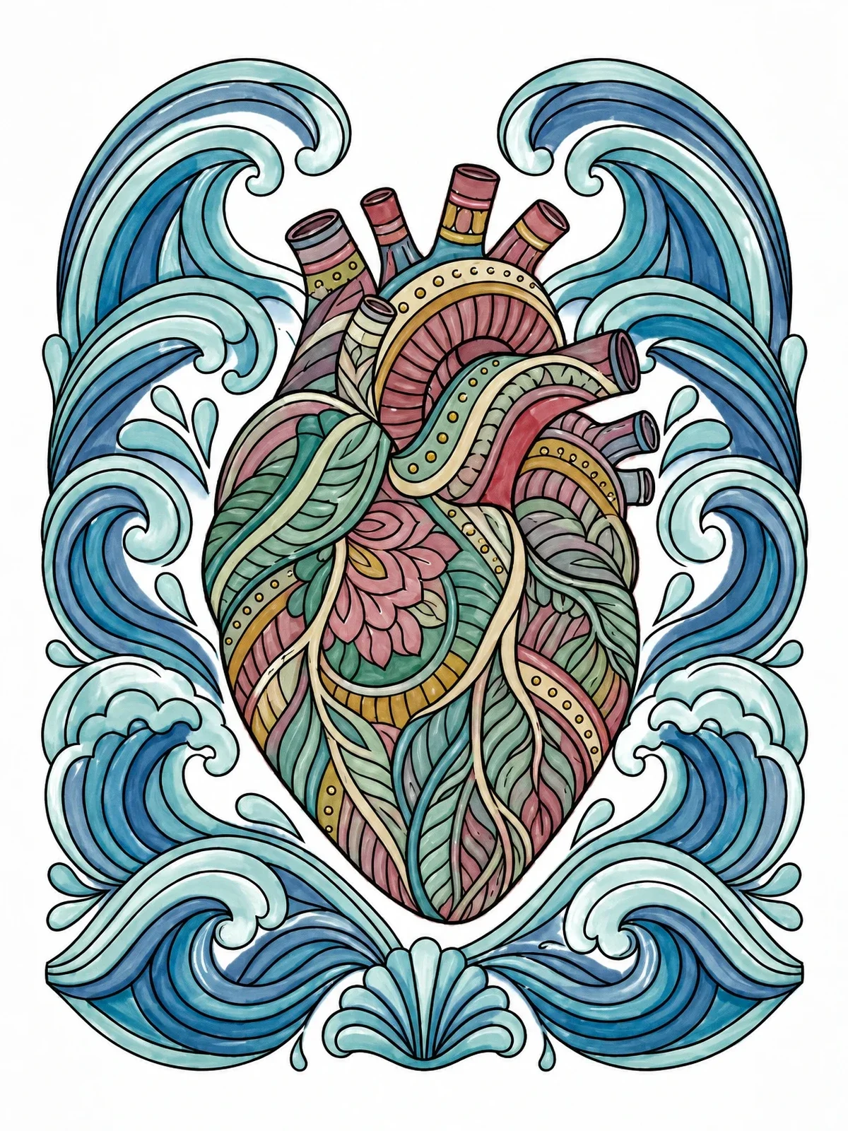 Colored example of the Zentangle Anatomical Heart In Waves coloring page