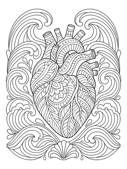 Detailed human heart coloring page filled with zentangle patterns and framed by swirling ocean waves.