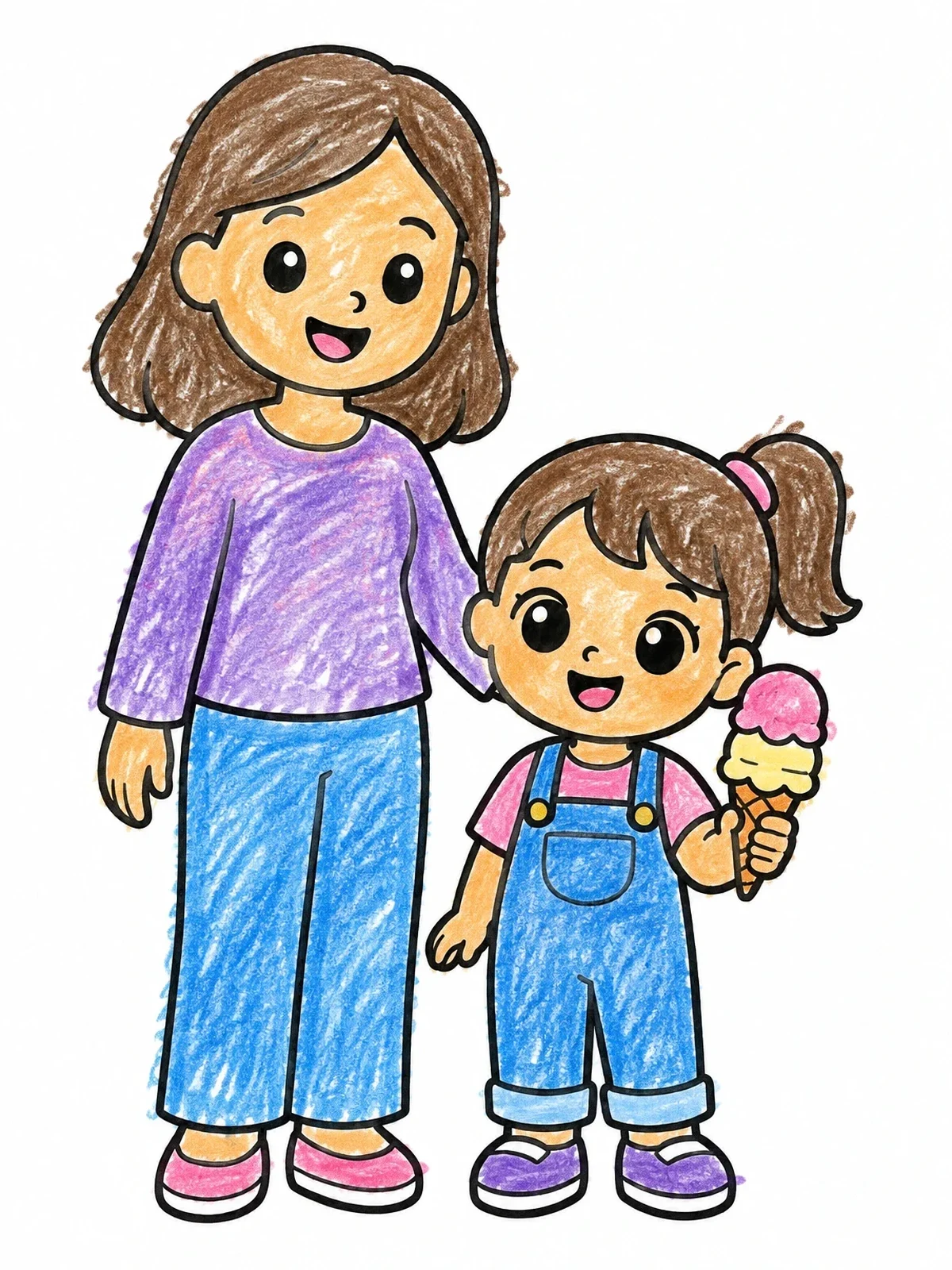 Colored example of the Mother And Daughter With Ice Cream coloring page