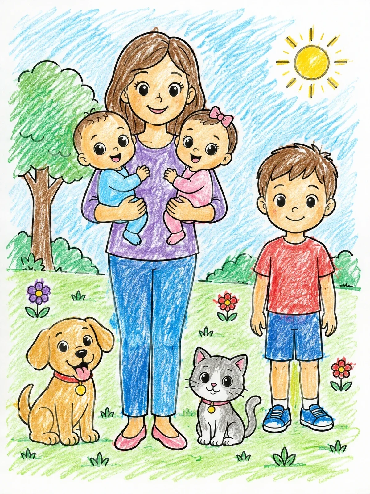 Colored example of the Happy Mother With Children And Pets coloring page