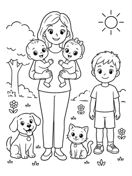A happy mother holding twins alongside her son, puppy, and kitten in this cheerful human coloring page.