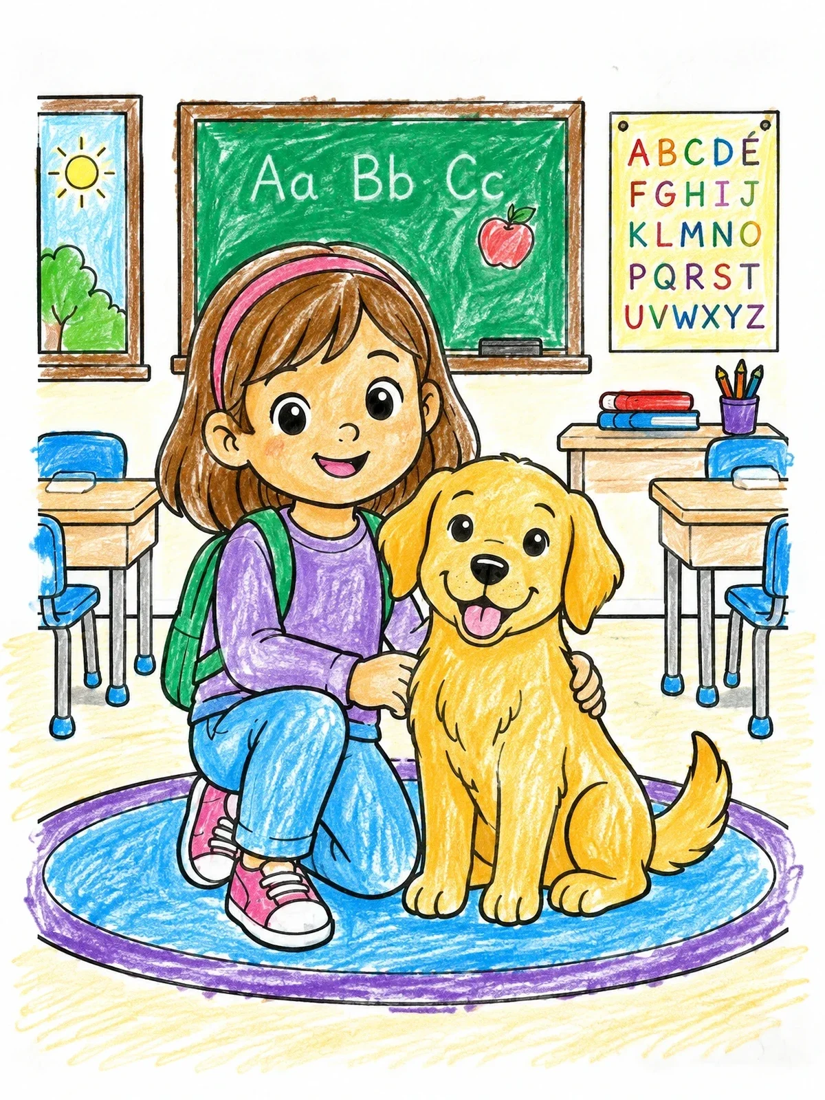 Colored example of the Schoolgirl With Dog In Classroom coloring page