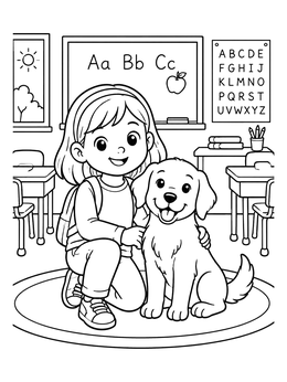 Free printable Schoolgirl With Dog In Classroom coloring page