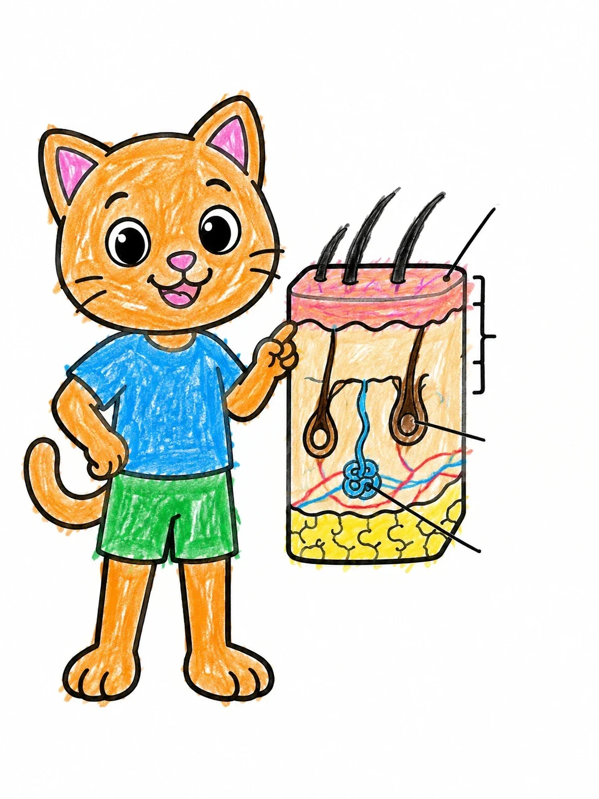 Colored example of the Cartoon Cat Explaining Skin Layers coloring page