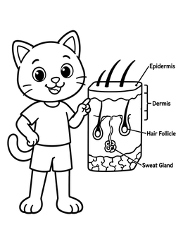 A friendly cat in shorts stands beside a human coloring page skin diagram showing the epidermis, dermis, and hair.