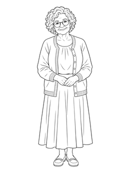 A friendly elderly woman in glasses stands smiling in this human coloring page.