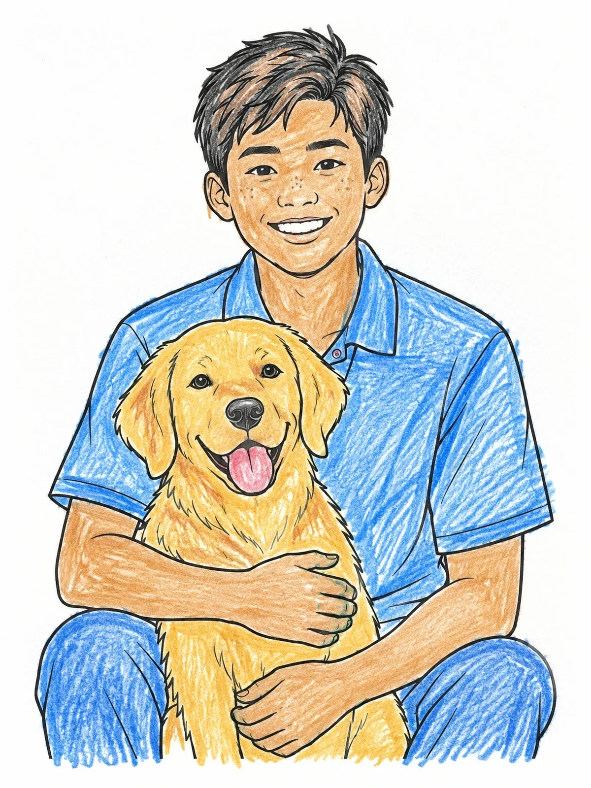 Colored example of the Smiling Teenage Boy Hugging Dog coloring page