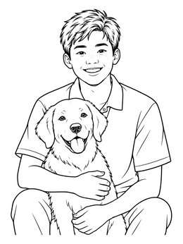 A smiling boy holding a friendly retriever puppy in this human coloring page.