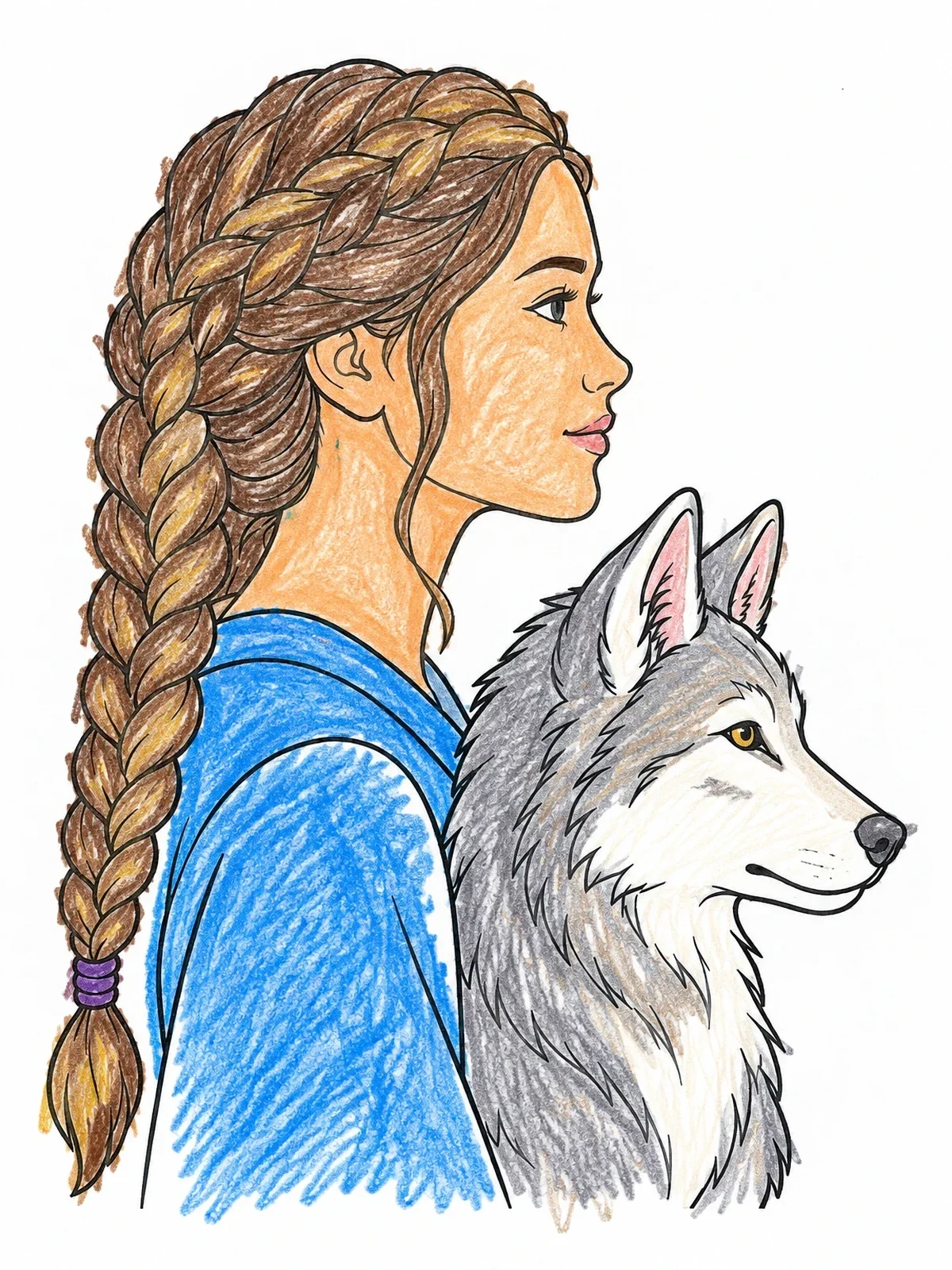 Colored example of the Woman With Braided Hair And Wolf coloring page