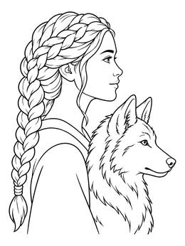 A serene woman with braided hair beside a wolf on this human coloring page.