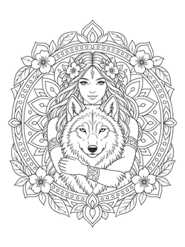 Intricate human coloring page featuring a woman hugging a wolf inside a floral mandala.