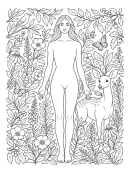 A serene woman standing among wild plants and a deer on this human coloring page.
