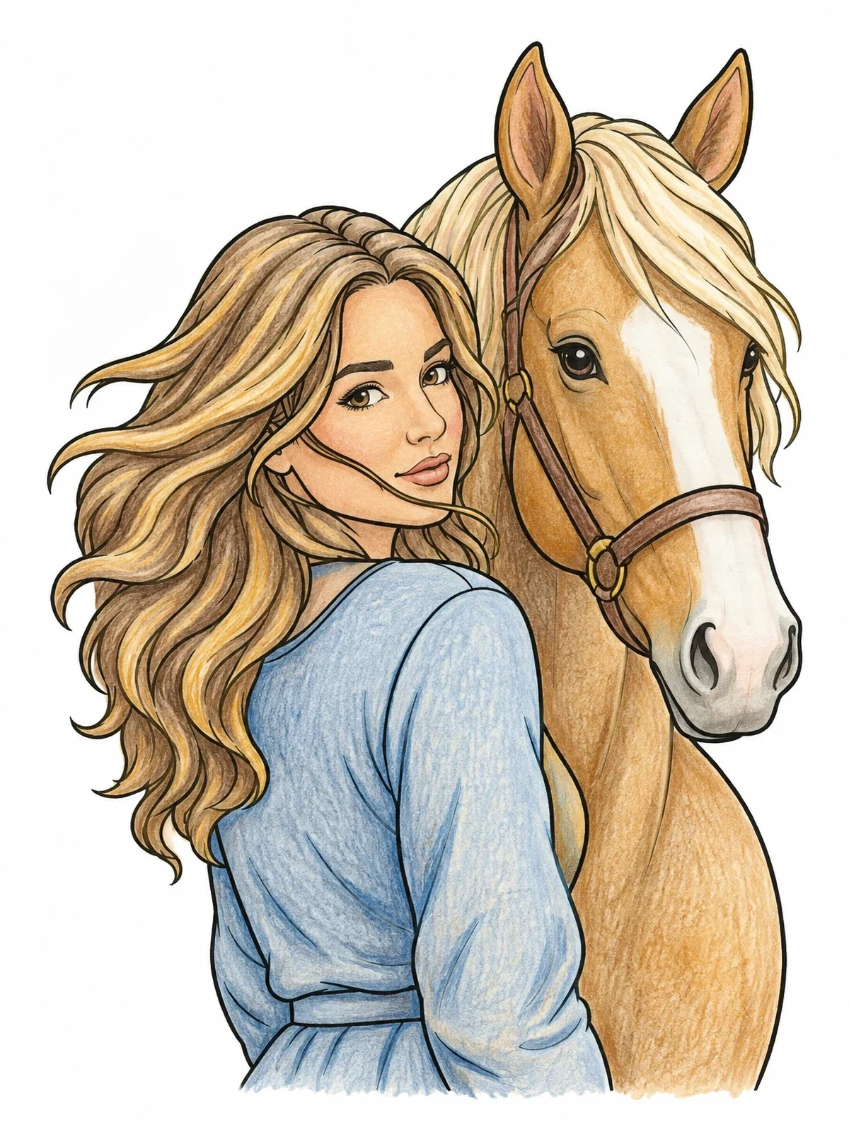 Colored example of the Woman With Horse And Flowing Hair coloring page