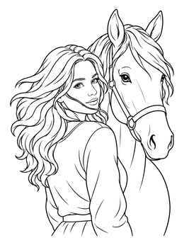 A graceful young woman poses with her horse in this human coloring page.