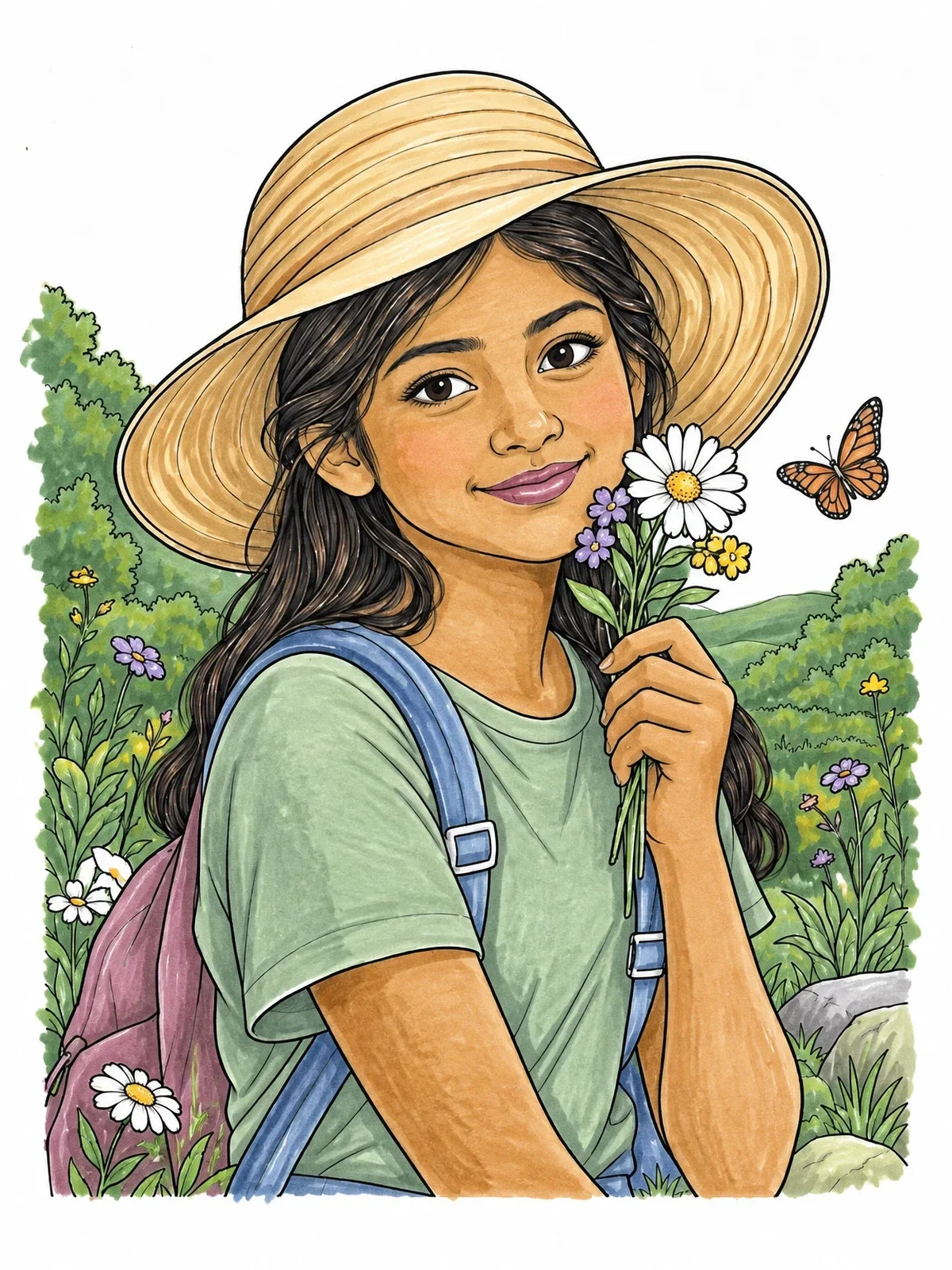 Colored example of the Young Girl With Sunhat And Wildflowers coloring page