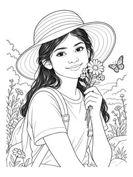 A smiling young girl in a sunhat holding flowers in this detailed human coloring page.