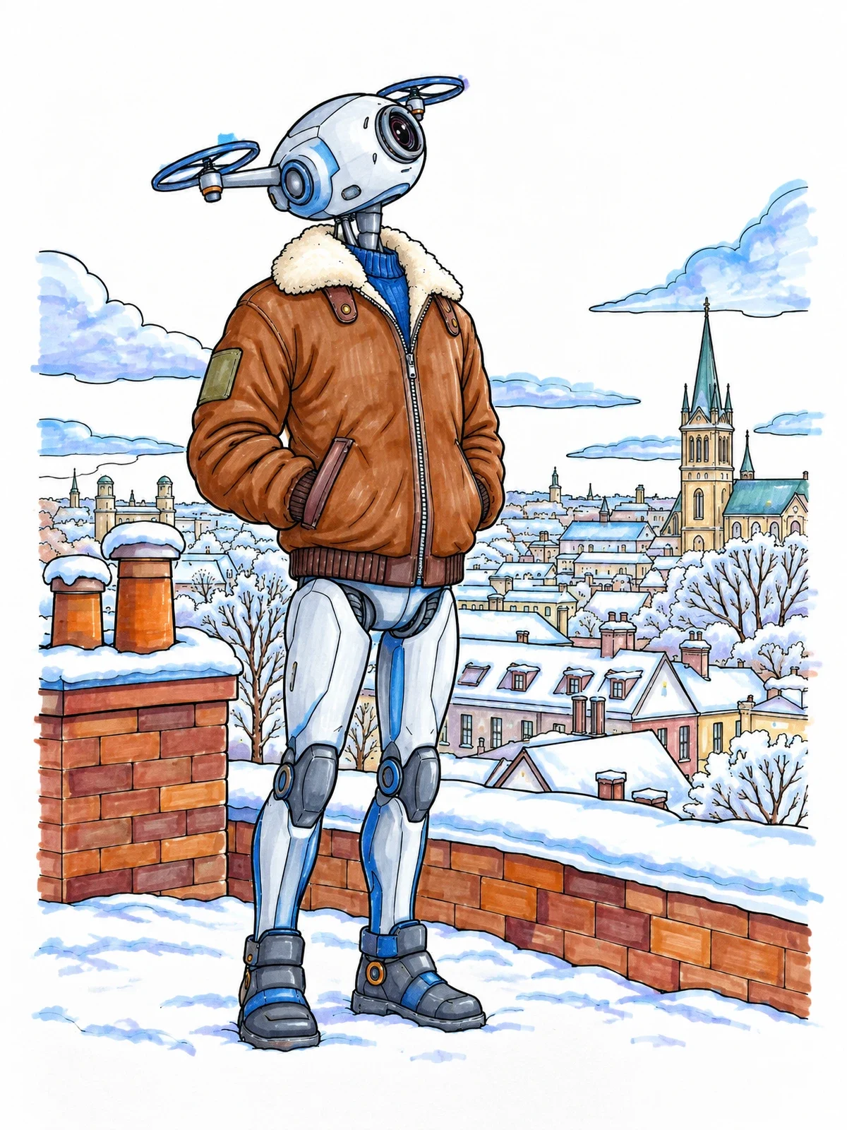 Colored example of the Humanoid Drone On Snowy Rooftop coloring page
