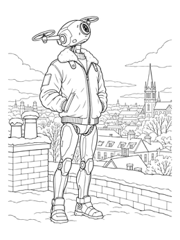 Free printable Humanoid Drone On Snowy Rooftop coloring page