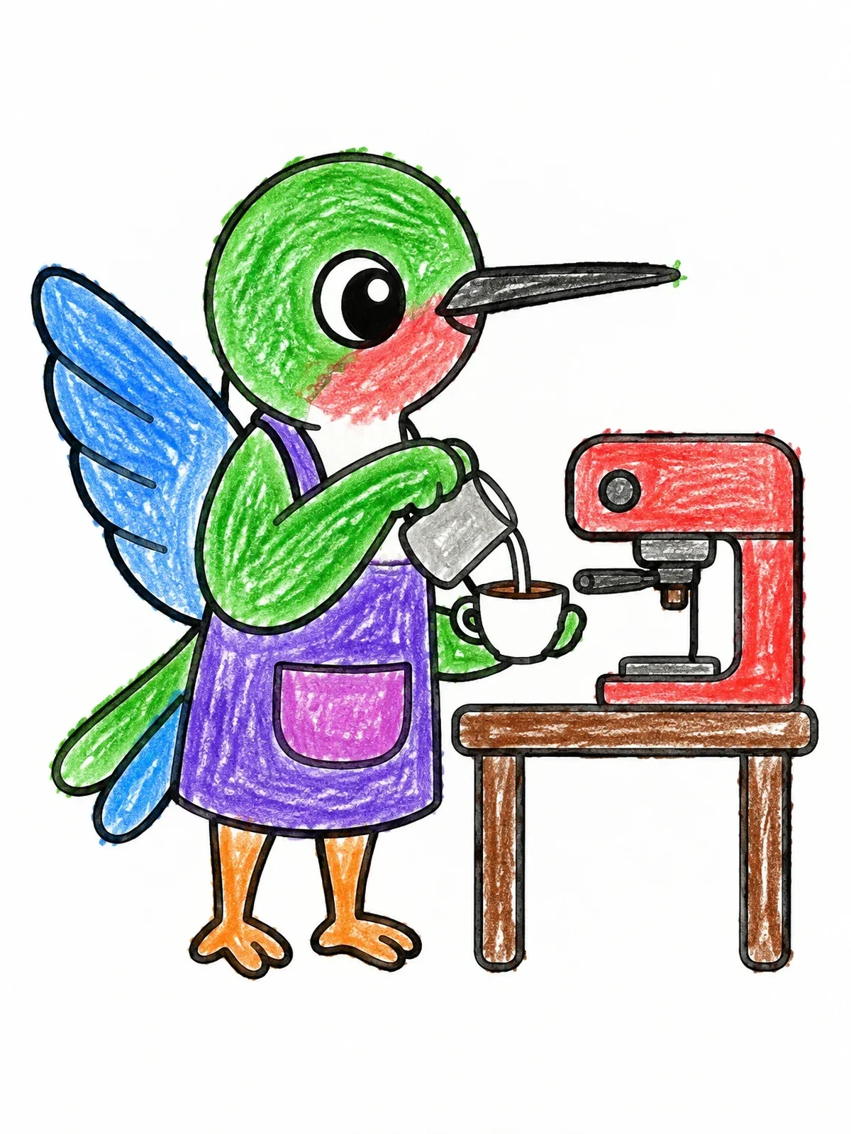 Colored example of the Hummingbird Barista Making Coffee coloring page