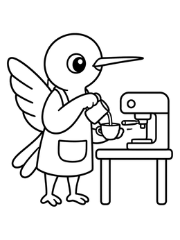 A cute hummingbird coloring page showing a bird barista pouring milk next to an espresso machine.