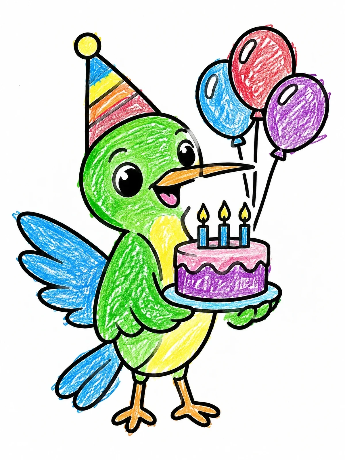 Colored example of the Birthday Hummingbird With Cake And Balloons coloring page