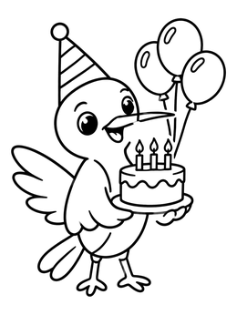 A cheerful hummingbird coloring page featuring a party hat, birthday cake, and balloons.
