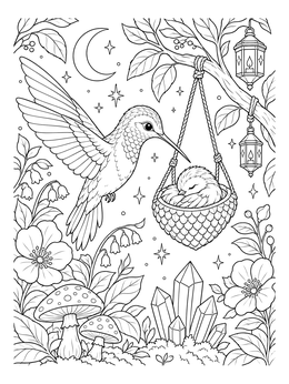 A magical bird coloring page showing a hummingbird visiting its sleeping chick in a suspended acorn nest.