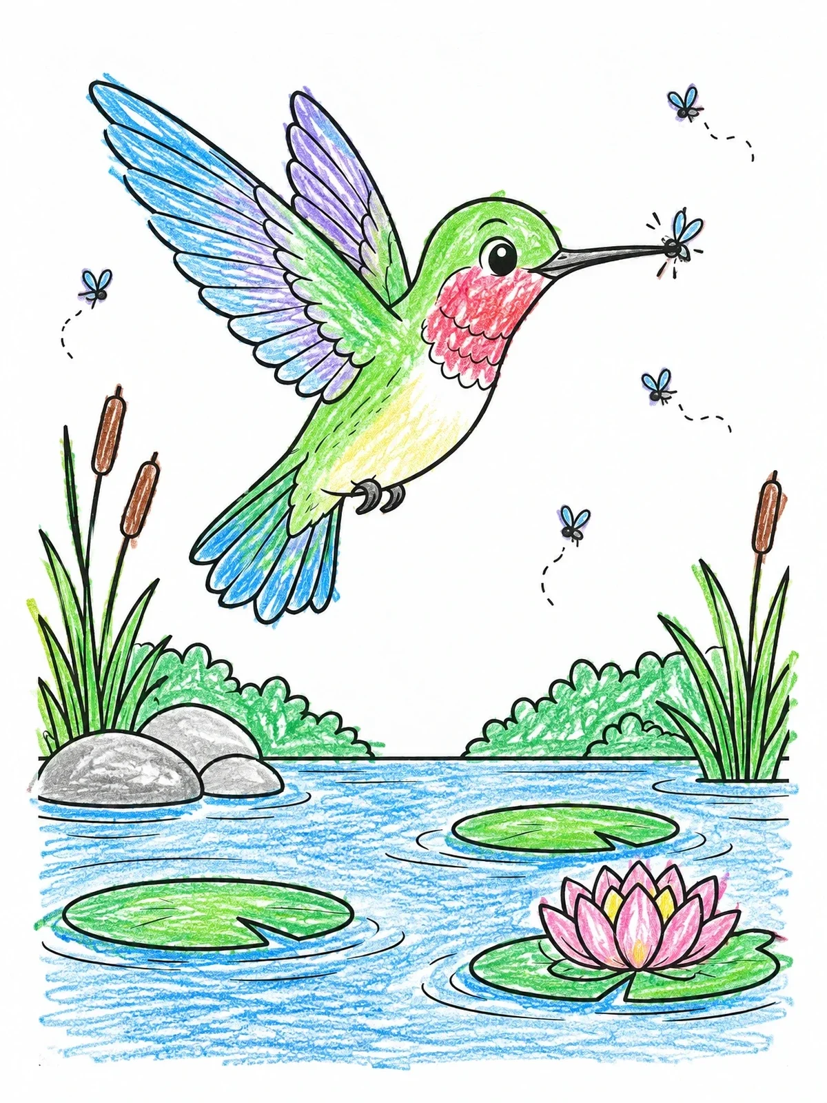 Colored example of the Hummingbird Catching Insects Over Pond coloring page