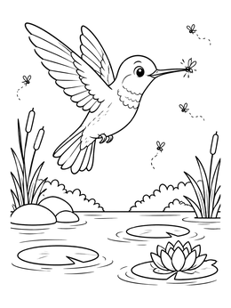 Free printable Hummingbird Catching Insects Over Pond coloring page