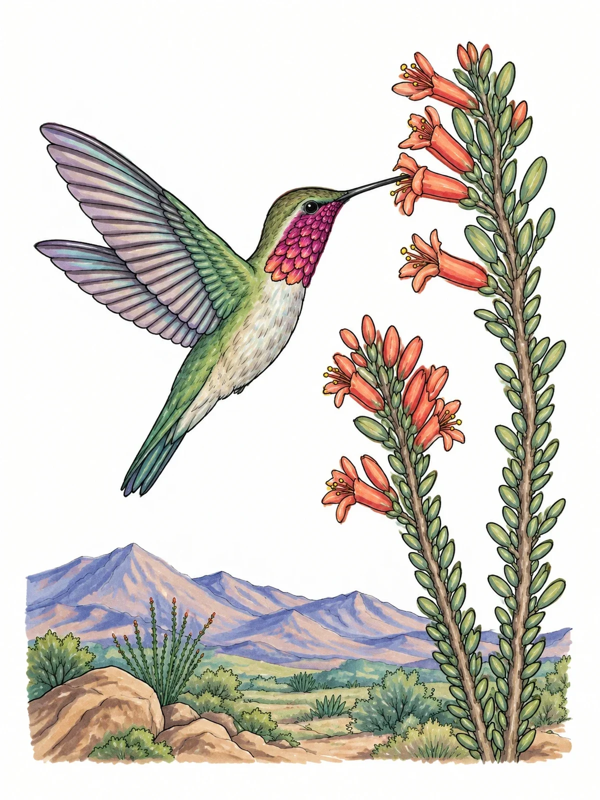Colored example of the Hummingbird Feeding On Desert Blooms coloring page